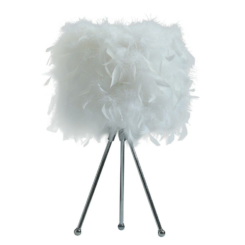 Modern Drum Table Light Feather 1-Light Living Room Nightstand Lighting with Metallic Tripod in White