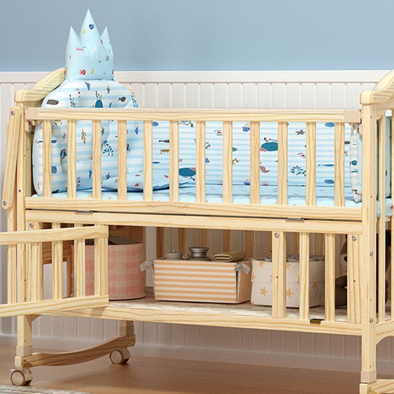 Pine Nursery Crib Scandinavian Baby Crib with with Guardrail and Mattress