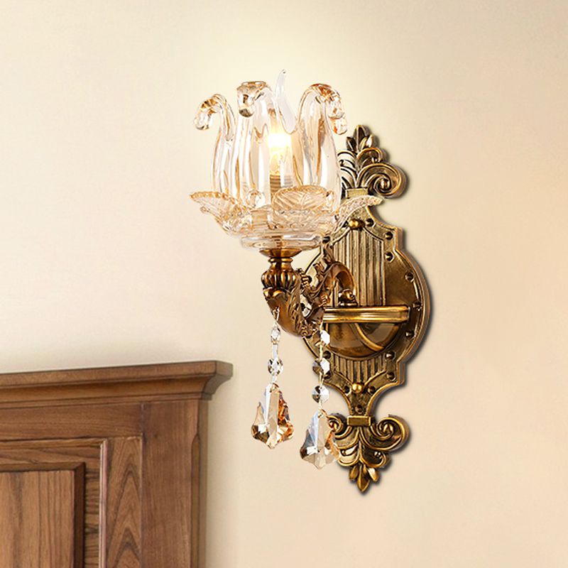 Antiqued Brass 1/2-Light Sconce Light Traditional Crystal Flower Wall Mount Lamp for Hall