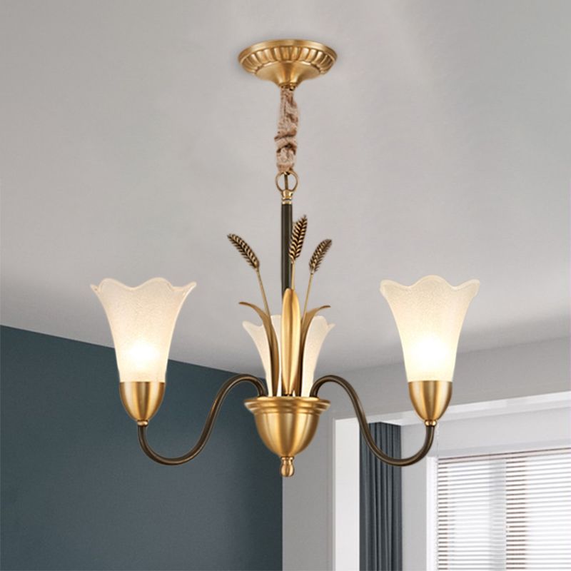 Traditional Blossom Chandelier Lamp 3/6 Heads Cream Glass Suspension Lighting Fixture with Curved Arm in Brass