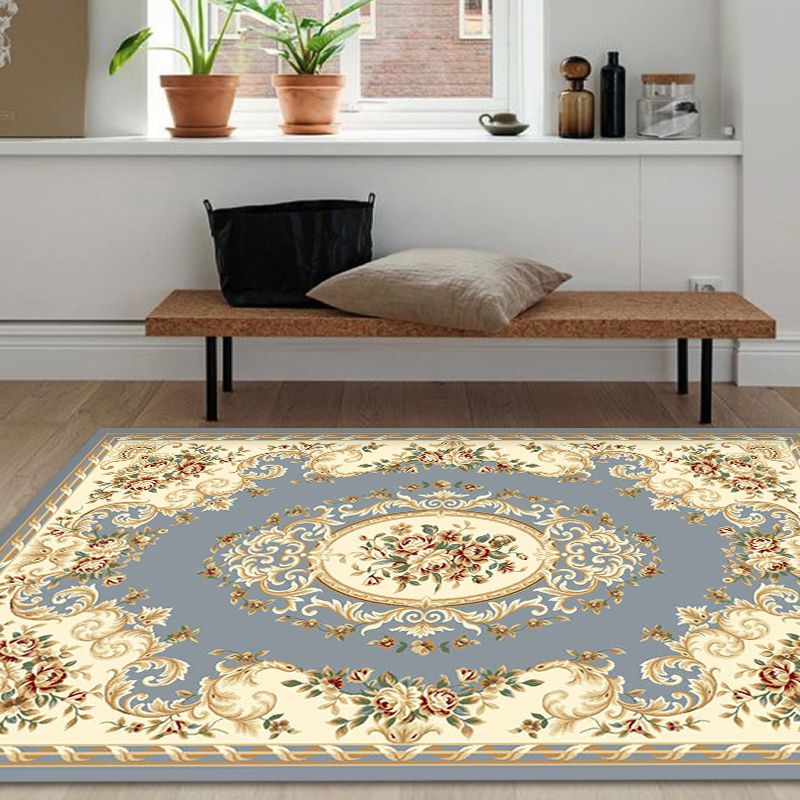 Blue and Beige Retro Rug Polyester Floral Pattern Area Rug Washable Pet Friendly Anti-Slip Backing Indoor Rug for Sitting Room