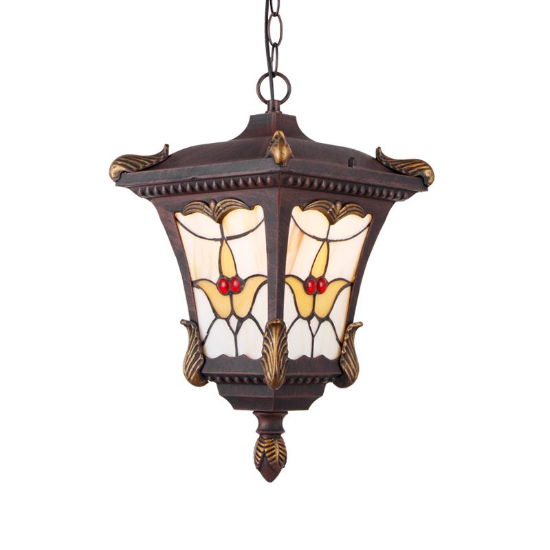 Metal Rust/Bronze Pendant Lamp Lantern 1-Head Traditional Ceiling Hang Fixture with Flower Pattern for Balcony