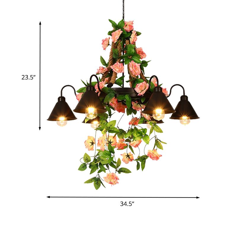 Metal Cone Chandelier Lamp Industrial 6/8 Lights Restaurant LED Ceiling Pendant in Black with Flower Decoration