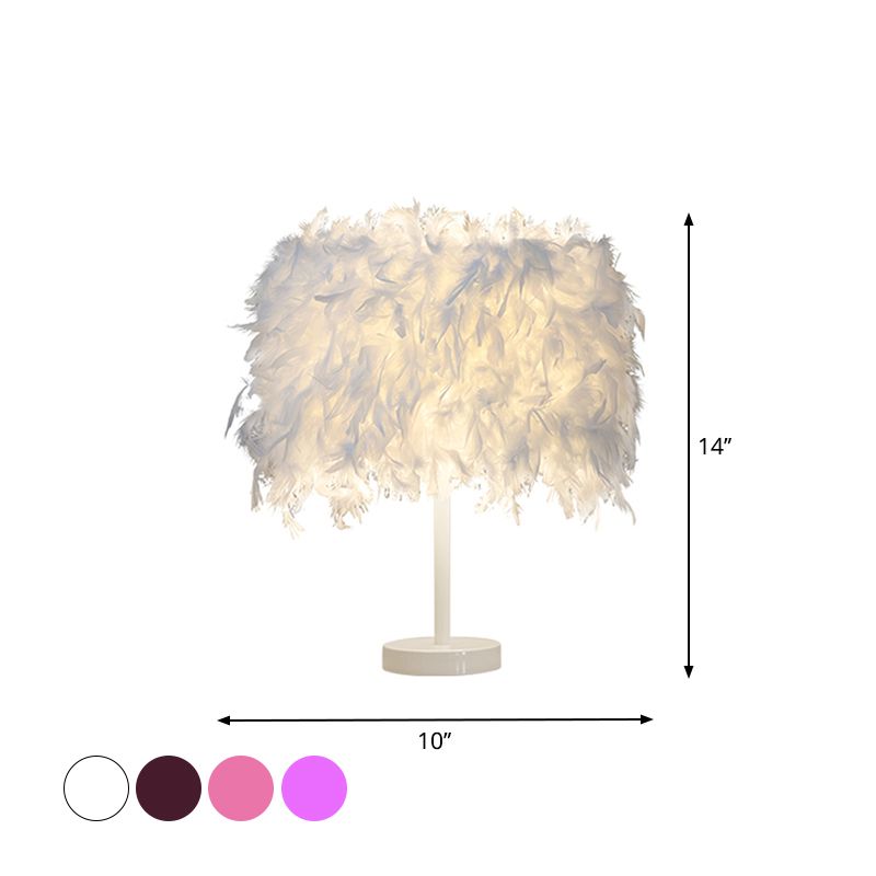 10"/14" Wide Cylinder Shaped Night Light Modern Feather 1 Head Bedside Table Lamp in Pink/White/Purple