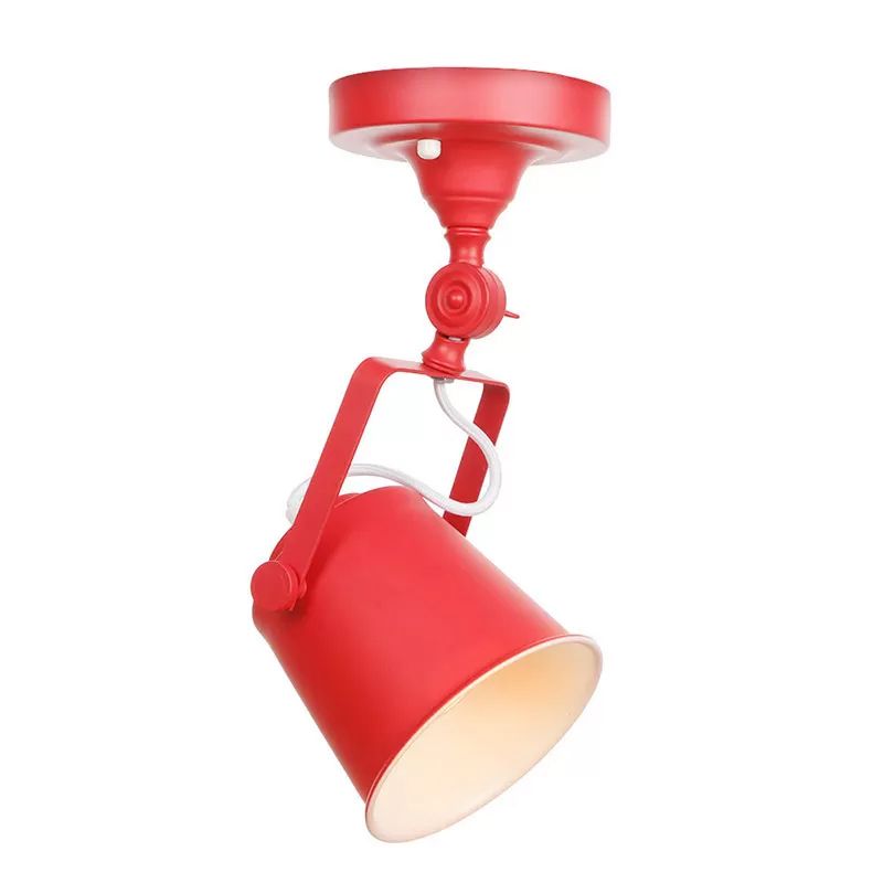 Nordic Bucket Rotatable Ceiling Light 1 Head Iron Semi Flush Mount Lighting with Bracket in Red/Orange/Grey