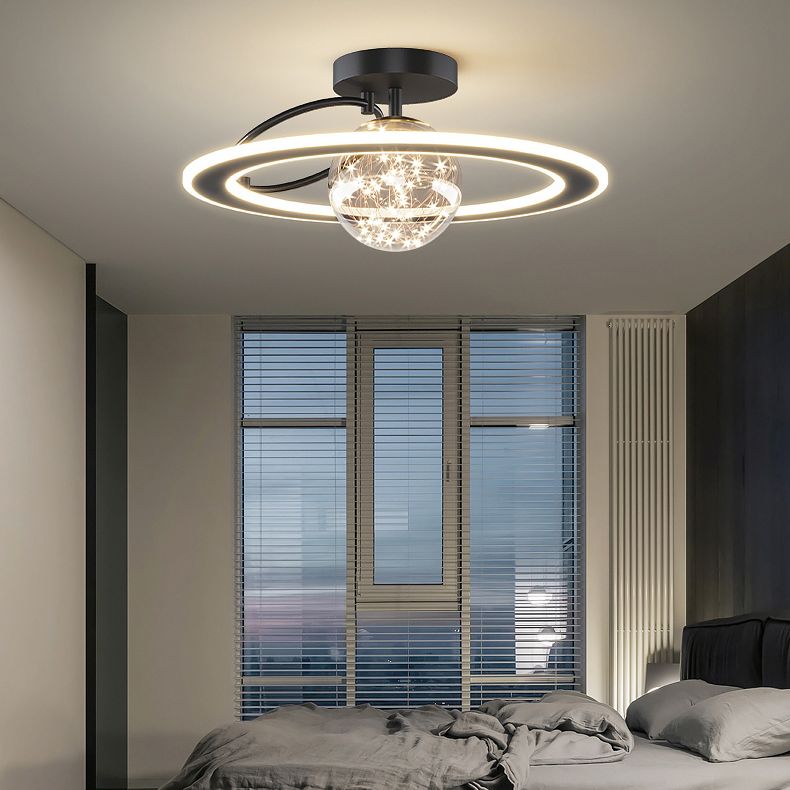 Planet Shaped Modern Style Ceiling Light 18.5" Wide LED String Light Clear Glass Ball Semi Flush-mount Lamp for Bedroom