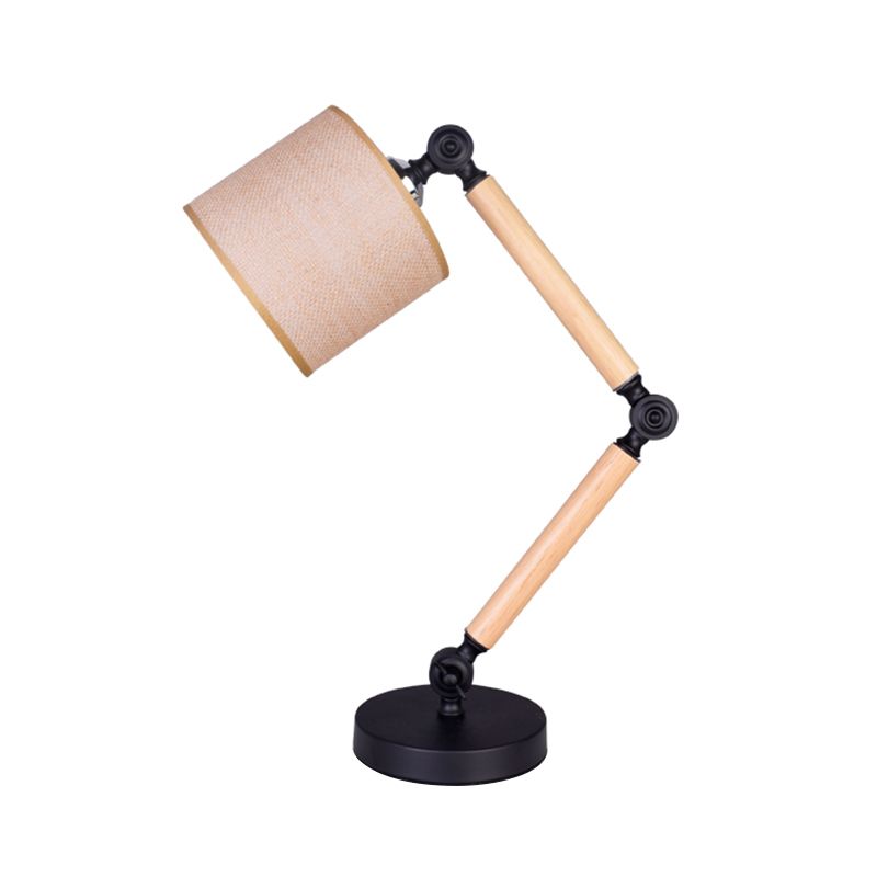 Simple Cylinder Desk Light Fabric 1 Light Bedroom Table Lamp in Black with Wood Adjustable Arm