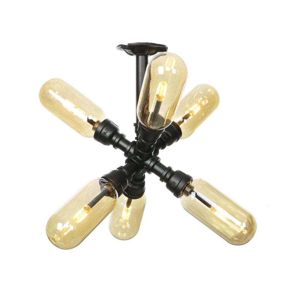 Amber Glass Ceiling Light Fixture Capsule Shade 4/5/6 Light Rustic Kitchen Semi Flush in Matte Black with Pipe Design