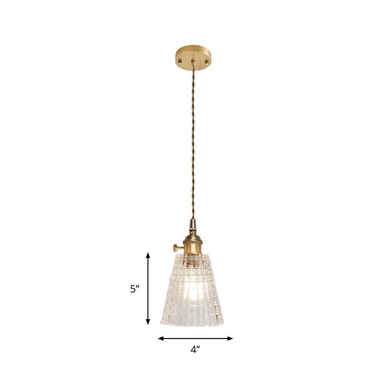 Brass Bowl/Flared Hanging Lamp Fixture Antique Clear Lattice/Grid Glass 1 Bulb Dining Room Ceiling Pendant Light