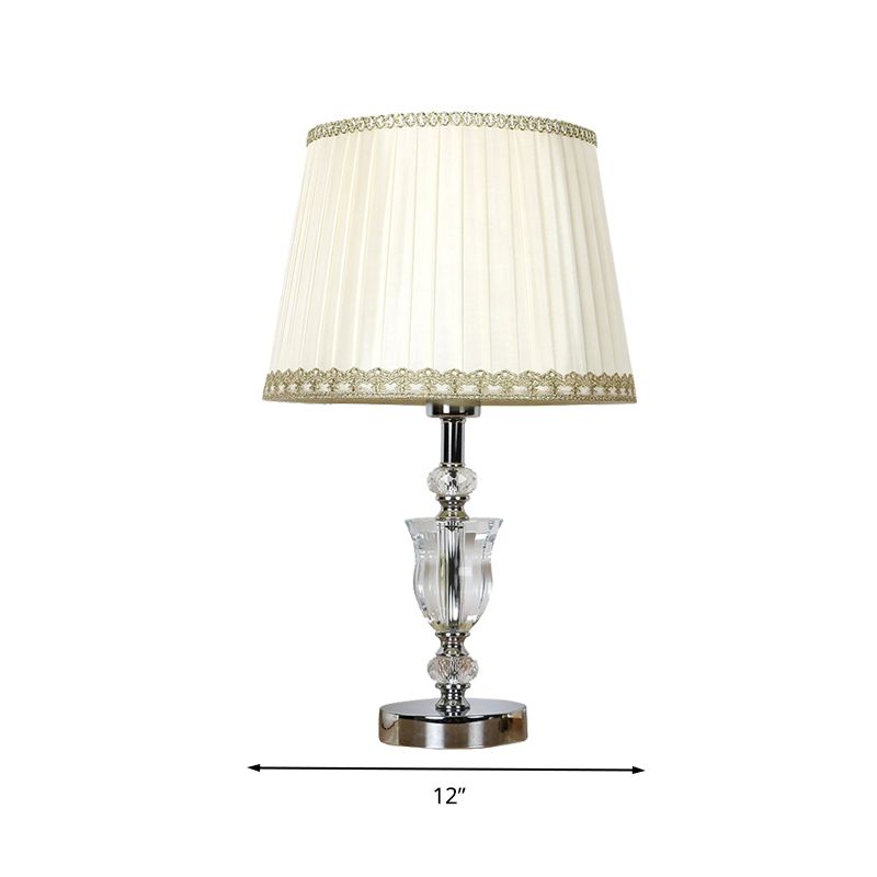 White Drum Table Light Simple Fabric Single Head Bedroom Nightstand Lamp with Crystal Accent