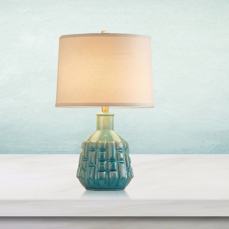 Fabric Scalloped Bell/Drum Table Lamp Vintage 1 Bulb Parlor Nightstand Light with Ceramic Pot Base in Blue