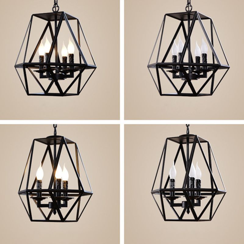 Wrought Iron Black Pendant Light in Industrial Vintage Style Geometric Adjustable Ceiling Light with Iron Frame