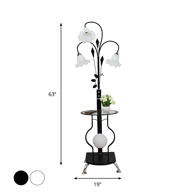 Black/White 3-Bulb Floor Light Countryside Metal Curved Arm Standing Lamp with Floral Glass Shade