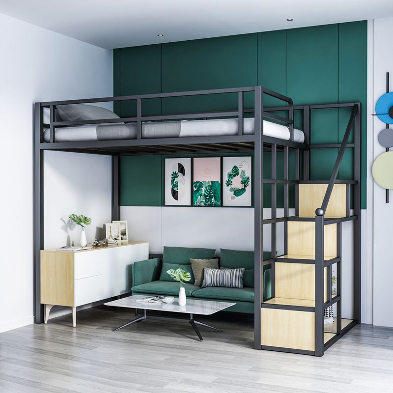 White/Black Loft Bed Industrial Metal Kids Bed with Guardrail