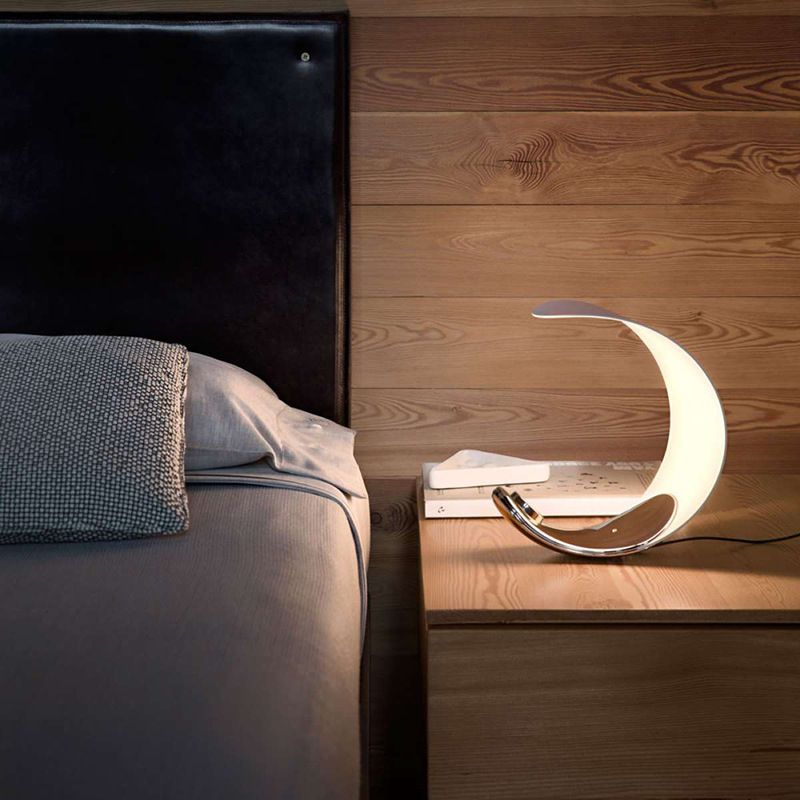 Minimalist Moon Shaped Night Lamp Metallic Bedroom LED Table Light with Plug-in Cord