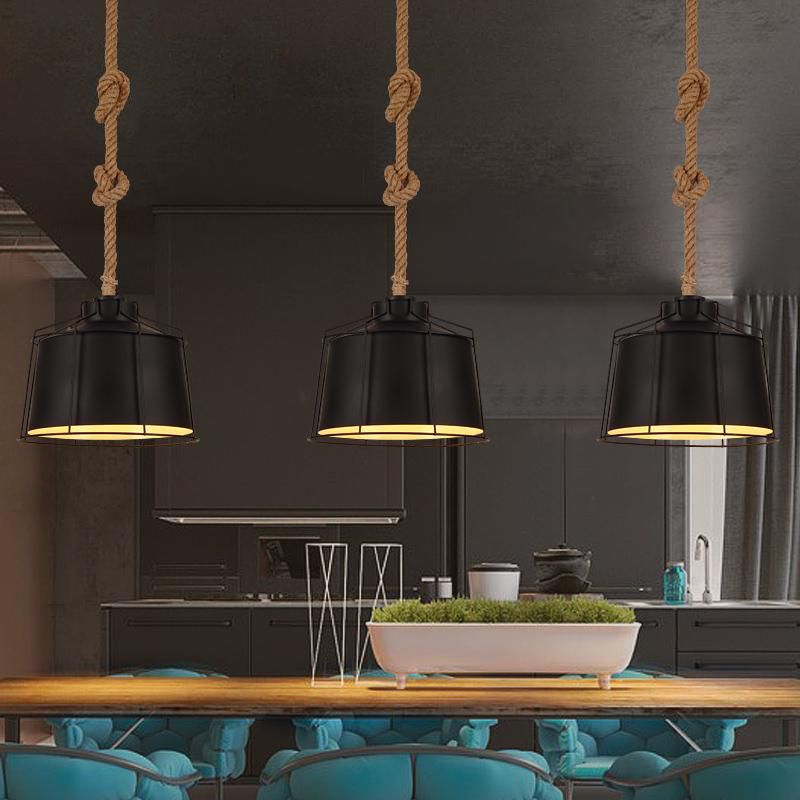 Metallic Tapered Ceiling Pendant Light Loft Style 1 Light Restaurant Ceiling Light with Wire Frame and Rope Cord in Black