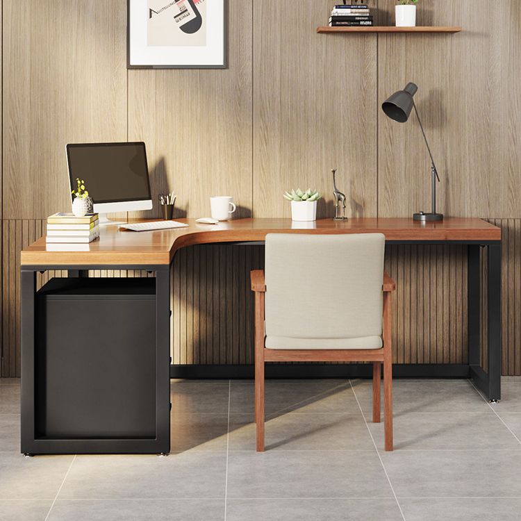 L-Shape Executive Desk Brown and Black Writing Desk Pine and Metal