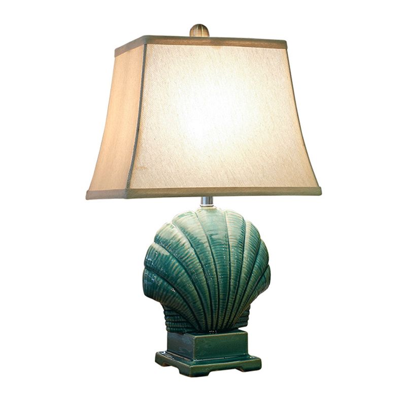 Handmade Ceramic Shell Night Light Country Style 1 Bulb Bedroom Table Lamp in Green/White with Pagoda Fabric Shade