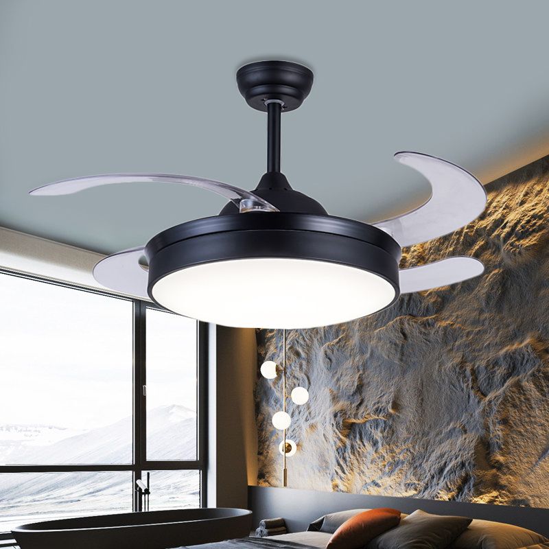 Cercle acrylique Pendant ventilateur Light contemporain LED 42 "W CHAMBRE 4 Pares transparentes Éclairage de montage à chasse d'eau en noir, télécommande / mur / télécommande et mural