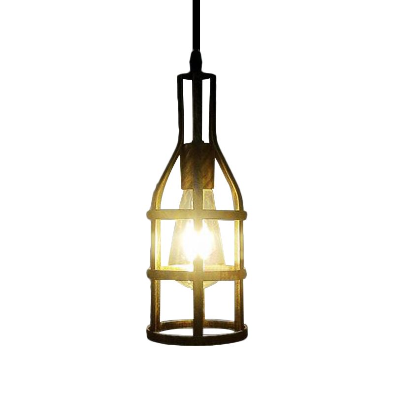 Wire Caged Metal Hanging Light Industrial 1 Bulb Kitchen Hanging Pendant Light with Wine Bottle Design in Black/Antique Brass