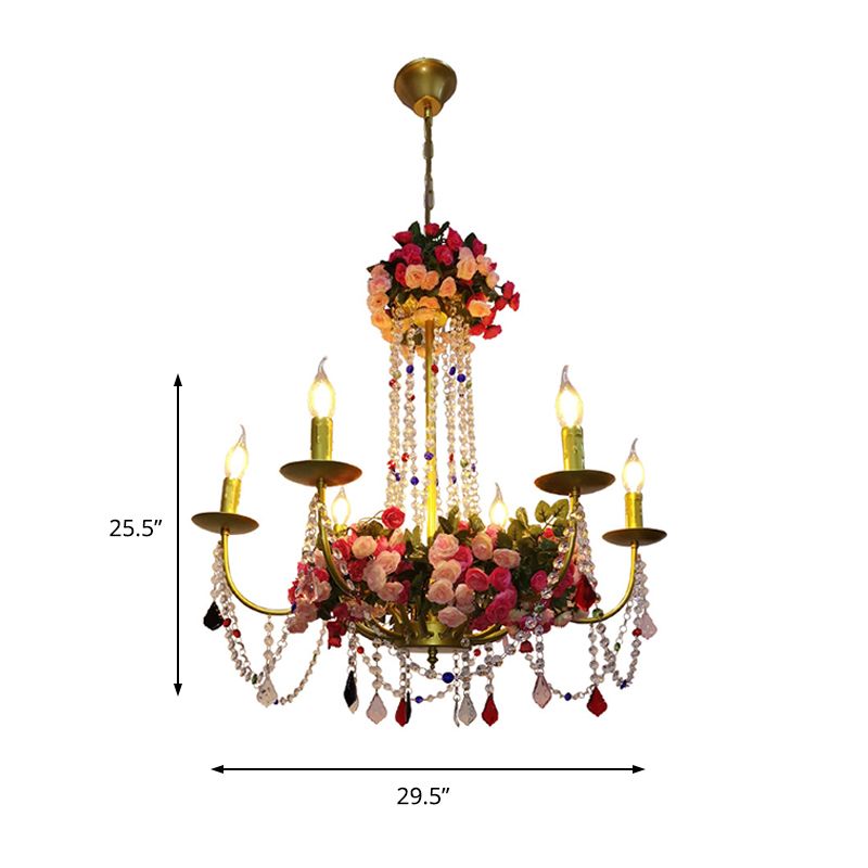 6 Lights Metal Ceiling Chandelier Retro Gold Candle Restaurant LED Flower Down Lighting with Crystal Accent