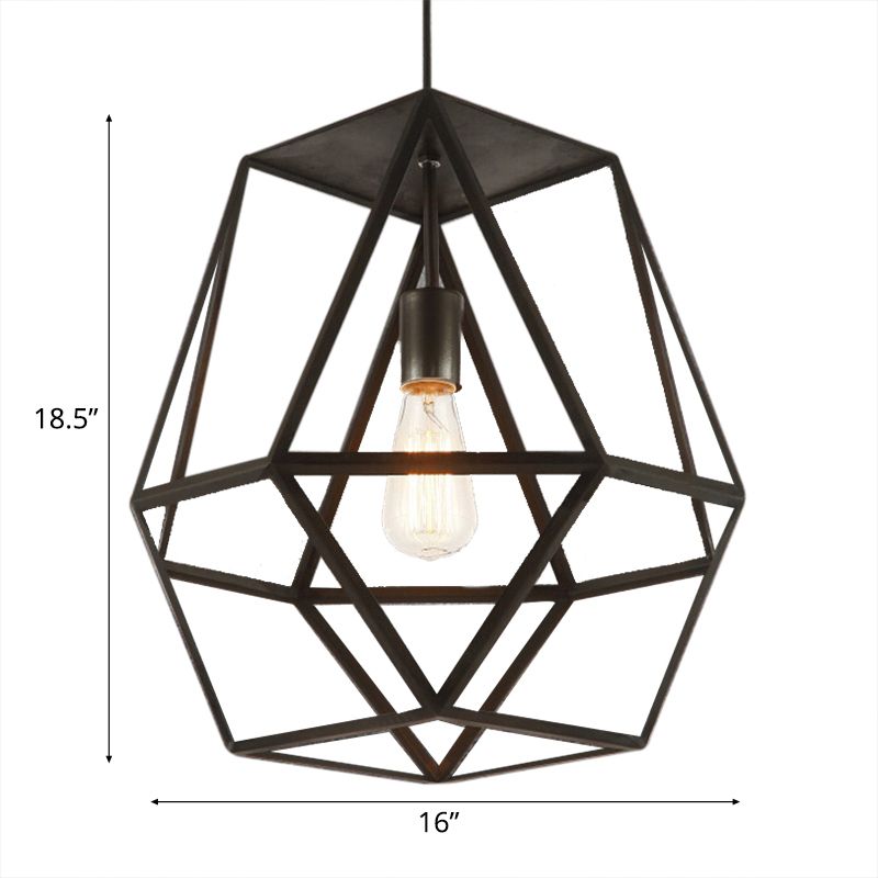 1 Kopfheizpendellicht Industrial Polygon Metall Schattenhängeleuchte mit Drahtschutz in Schwarz