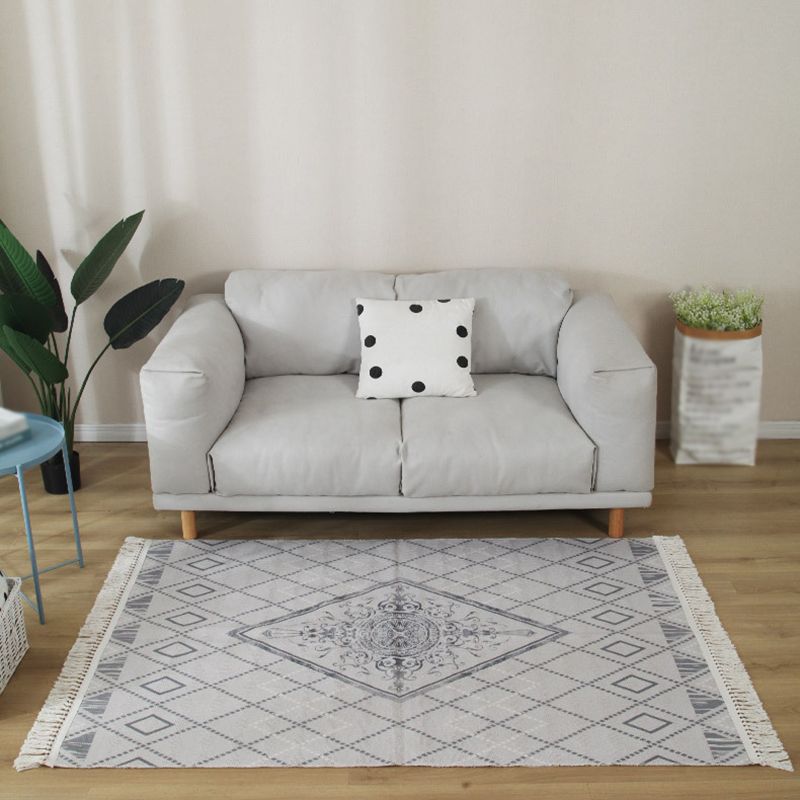 Bohemian Tribal Print Rug Fringe Design Carpet Washable Cotton Blend Indoor Rug for Living Room