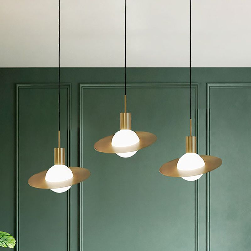 Gold Planetoid Hanging Light Kit Postmodern Single Opaline Glass Ceiling Pendant over Table