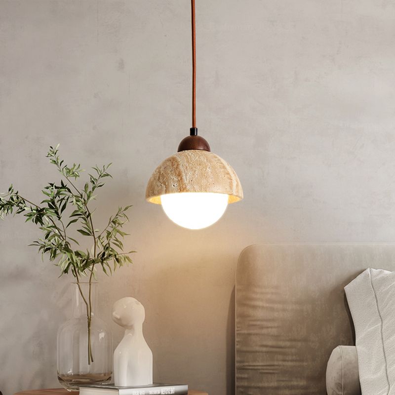 Modern Stone Hanging Lamp 1-Light Pendant Lamp with Wood for Bedroom