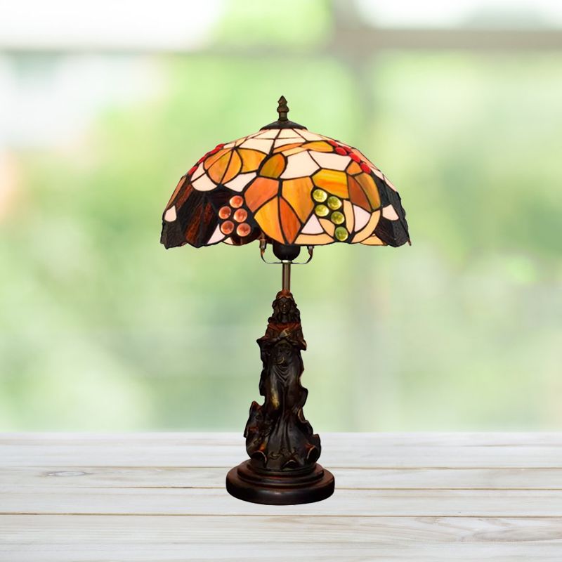 Tiffany Glass Grapes Table Lamp Baroque 1-Bulb Brown/Green/White-Brown Night Stand Light with Girl Base