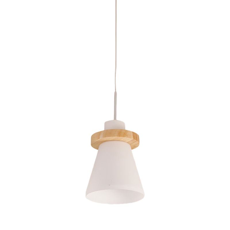 Luce sospesa in vetro bianco conico minimalista 1 luce a sospensione con decorazione di anelli in legno