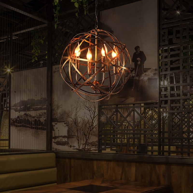 4 Lights Globe Cage Pendant Chandelier Factory Bronze Metal Ceiling Lighting Fixture for Restaurant