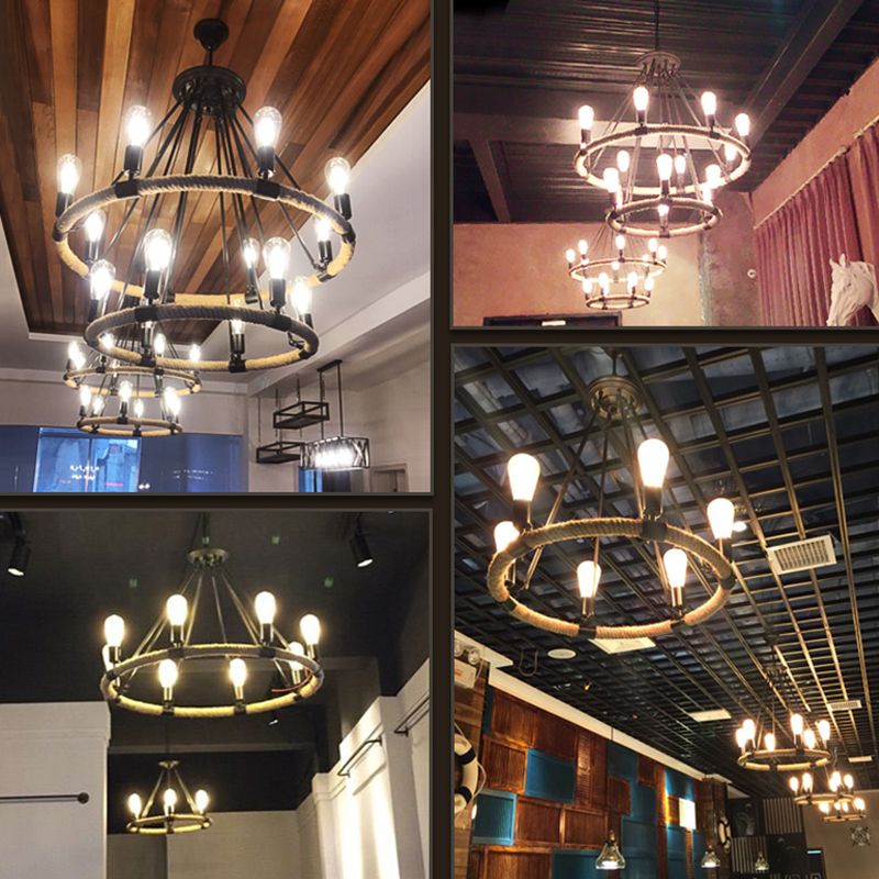 Rope Beige Pendant Chandelier Hoop Industrial-Style Chandelier Lamp for Restaurant