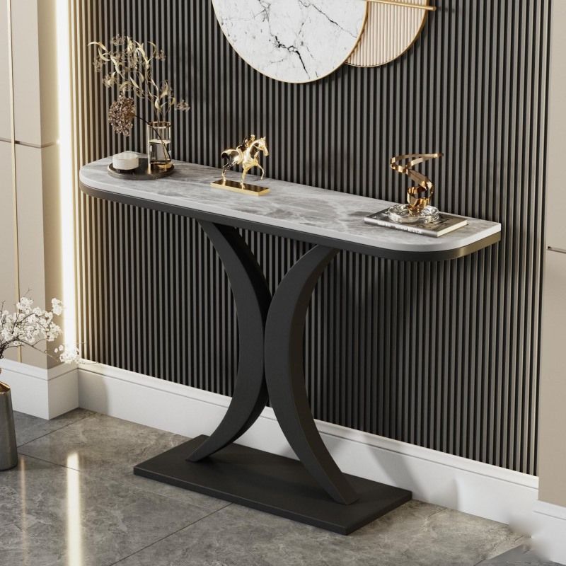 Slate and Metal Stain Resistant Glam Half Moon Console Table for Hall