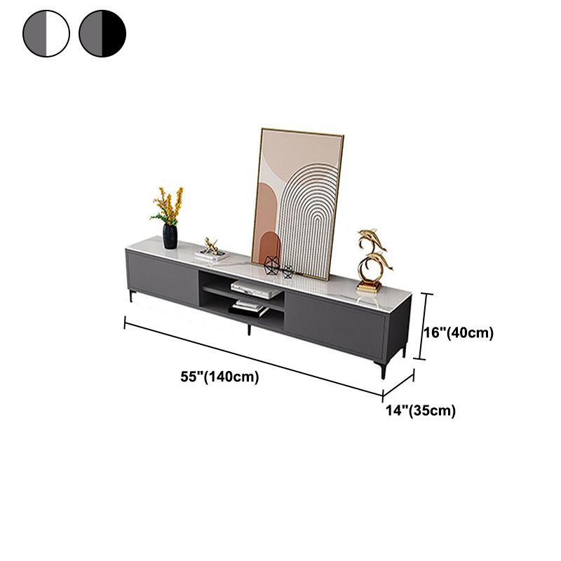 White and Black Slate TV Stand Open Storage TV Console with 2 Doors