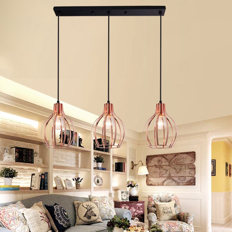 Metallic Rose Gold Pendant Lighting Global Cage Shade 3 Lights Industrial Style Ceiling Light Fixture with Round/Linear Canopy