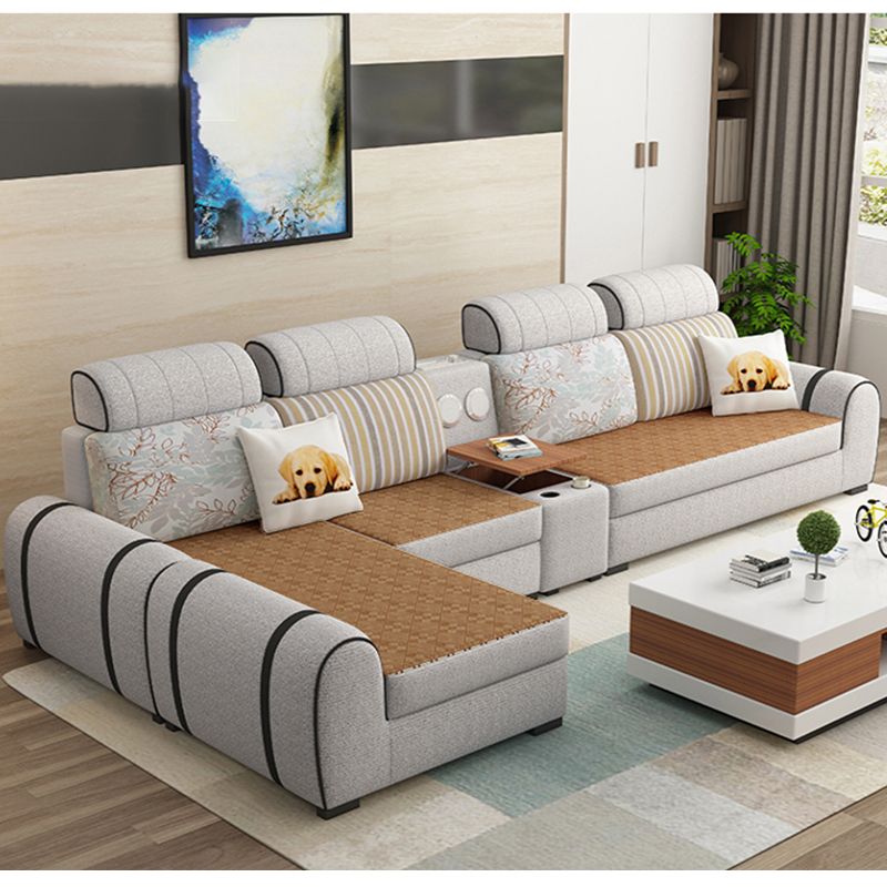 Contemporary Ivory L-Shape Velvet Sectional with Slipcovered for Living Room