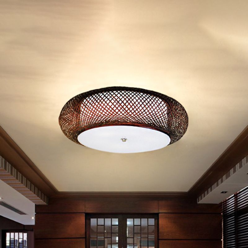 Brown/Wood Hand-Worked Hanging Light with Drum Shade Asian 1 Light Bamboo Suspension Lamp for Dining Room