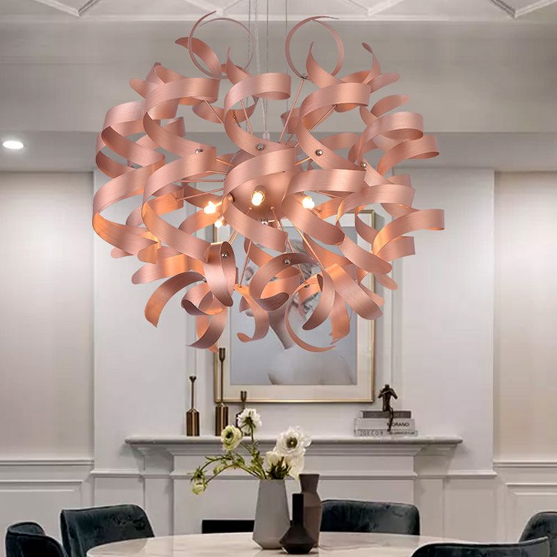 Metal Spiral Ribbon Shape Hanging Light Kit Contemporary 6-Bulb Copper Finish LED Chandelier Lighting for Restaurant