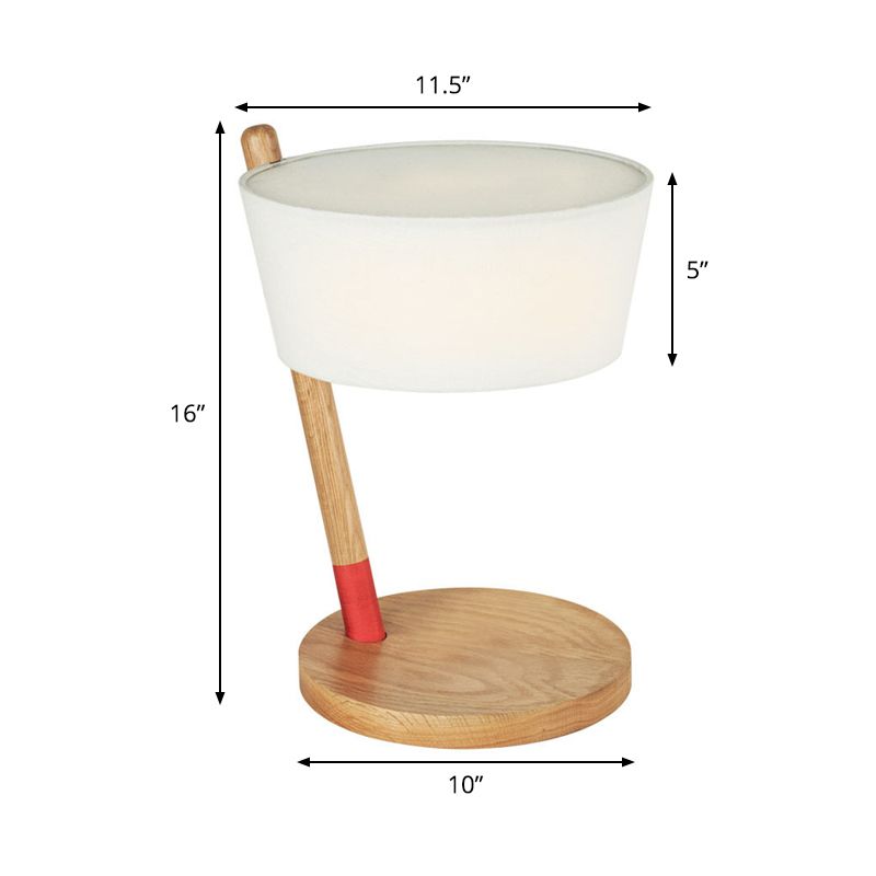 White Shaded Desk Light Japanese 1 Head Fabric Table Lamp, Circle Beige Wood Base