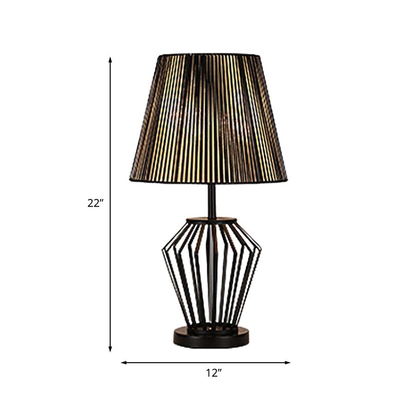 Black Bucket Night Table Lamp Traditional Fabric 1 Head Bedroom Nightstand Light with Round/Oval/Diamond Wire Cage