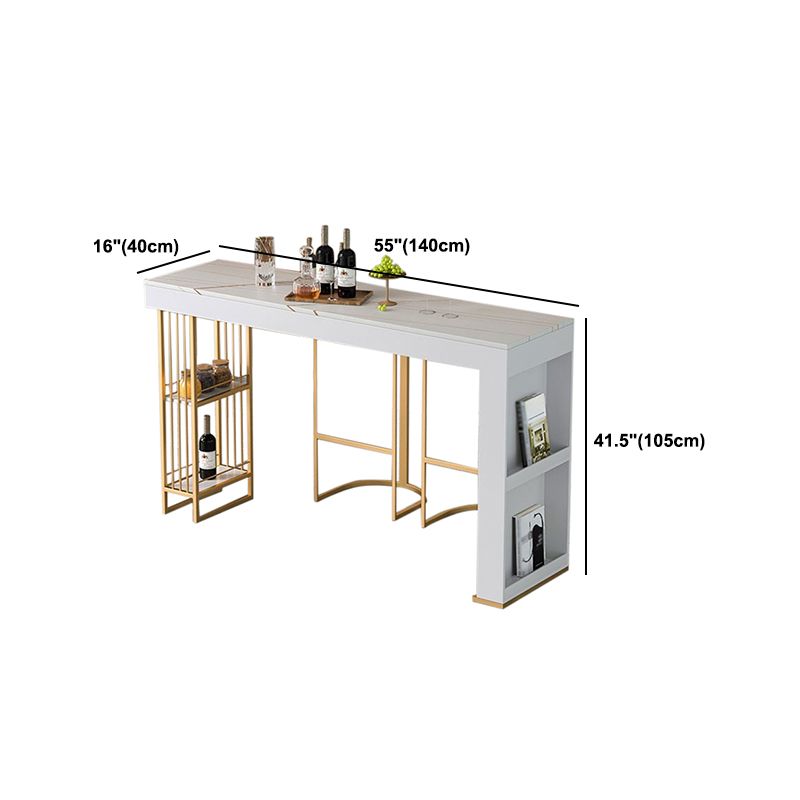 White Stone Bar Dining Table Traditional Luxury Rectangle Bar Table with Sled Base in Gold