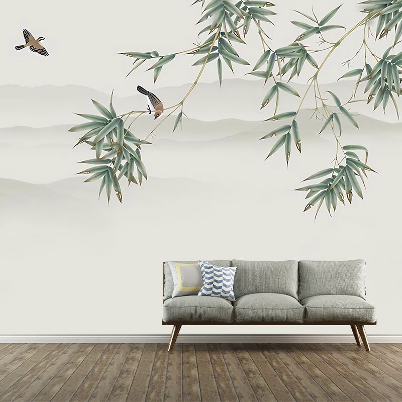 Minimalist Bamboo Leaf Wall Decor for Accent Wall, Custom Size Wall Mural in Green and White