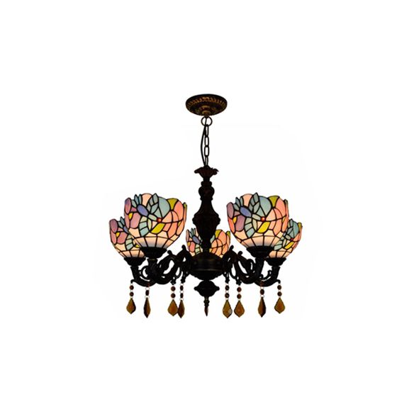 Country Scalloped Hanging Light Stained Glass 5 Heads Multicolored Chandelier for Living Room