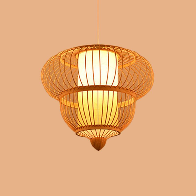 Beige Lantern Hanging Pendant for Restaurant Asian Bamboo Single Head Hanging Light, 16"/19.5" Diameter