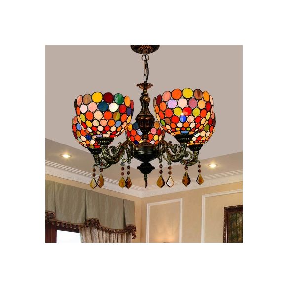 Retro Style Bowl Hanging Lamp Stained Glass 5 Heads Decorative Chandelier for Dining Room