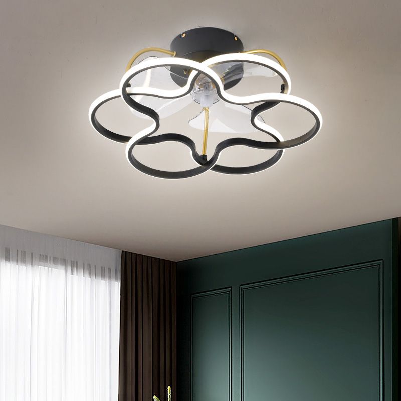 3 Blades Flower Ceiling Fan Lamp Modern Metal Remote Control LED Semi Flush Light for Dining Room