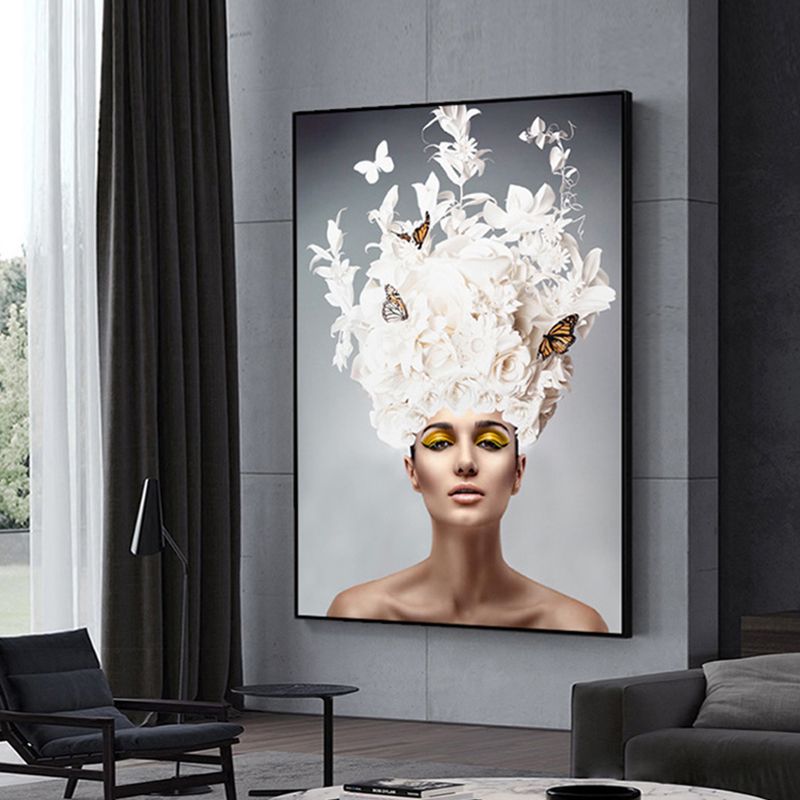 Glam Flower Hatted Maid Painting Canvas Beige Photography Wall Art Decor, Multiple Sizes