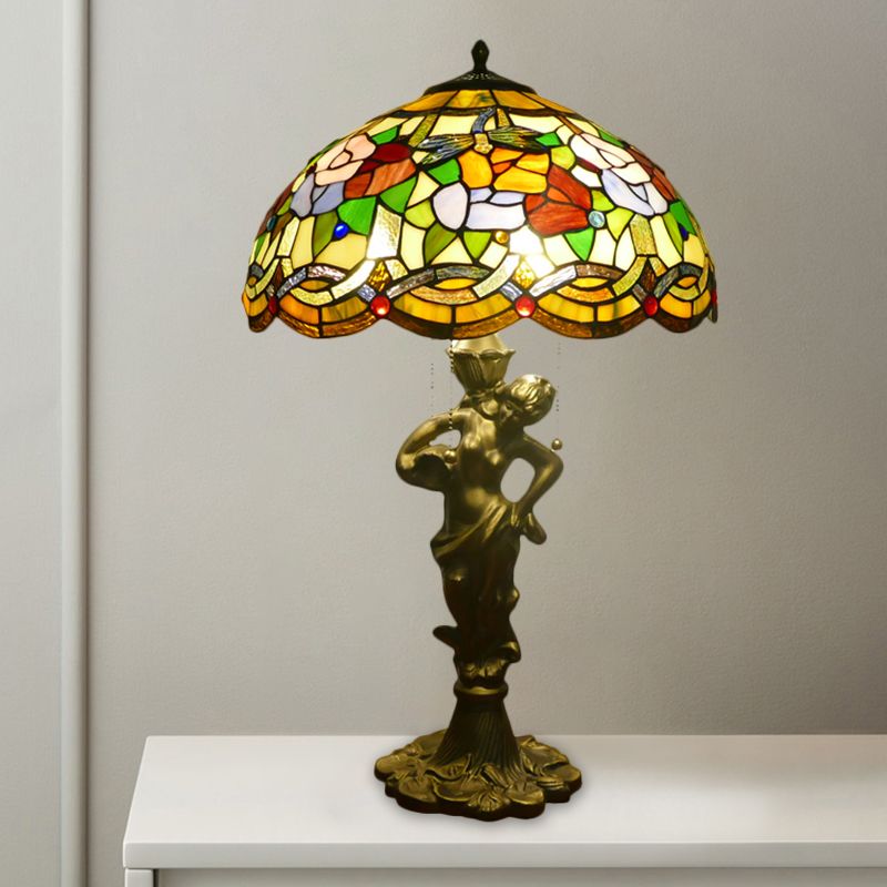 3 Heads Bell/Scalloped Night Lighting Baroque Gold Stained Glass Flower Patterned Task Lamp with Resin Naked Woman