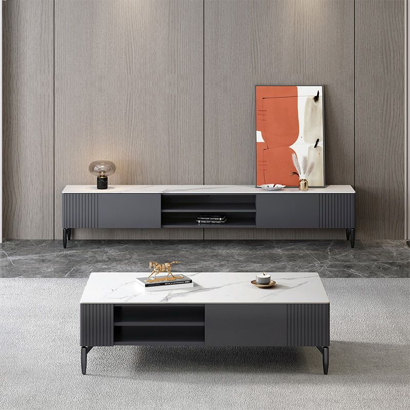 Contemporary TV Stand Stone Marble Top TV Cabinet with Splayed Legs